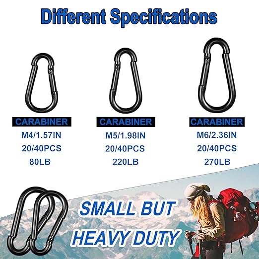 20PCS M4 Black Carabiner Clip, 1.57Inch Bulk Snap Hook Quick Link Small Carabiner Clips,Spring Link Buckle for Fishing Camping Hammock Dog Leashes-120LBS Holding Capacity