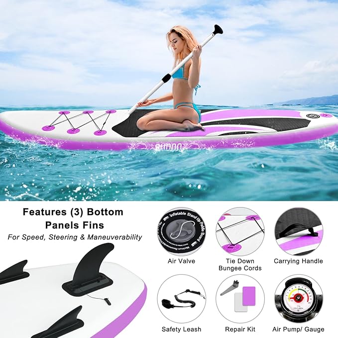 Inflatable Stand Up Paddle Board 10‘x30‘‘- Ultra-Light SUP with Backpack, Pump, Paddle, Coil Leash, 3 Fins, Repair Kit, Stable Design, Non-Slip EVA Deck for Adults & Youth
