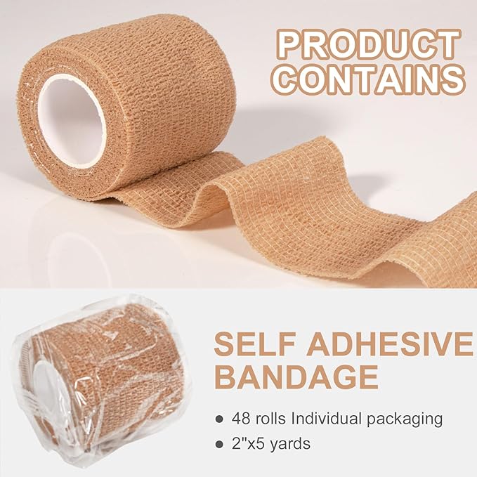 48 Pack Self Adhesive Bandage Wrap, 2” x 5 Yards Cohesive Medical Tape Elastic Grip Tape Black Sports Tape Athletic for Ankle, Wrist Sprains, Pet First Aid (Brown)