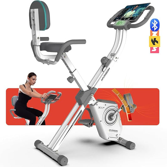 HARISON Folding Exercise Bike 350 LBS Capacity, 5 in 1 Bluetooth Stationary Bikes for Home with 16-Level Resistance and Arm Resistance Bands, Magnetic X-Bike with LCD Monitor & Back Support (HR-X3LWhite)