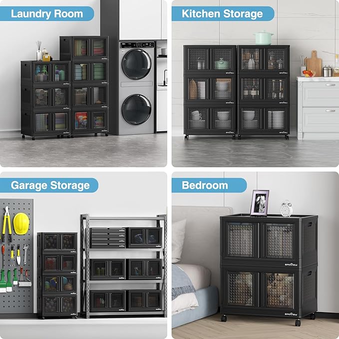 600Qt Stackable Storage Bins with Lids, 150Gal Closet Organizers and Storage Drawer, Plastic Collapsible Storage Bins with Doors, Heavy Duty Store Box Cabinet for Home Kitchen, 6Pack Black