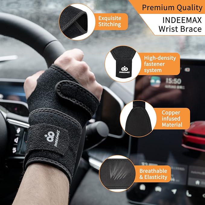 INDEEMAX 2 Pack Copper Wrist Brace Support for Carpal Tunnel, Pain Relief, Arthritis, Tendonitis, Adjustable Wrist Braces Compression Wraps Both Hands, Fit for Men and Women (Black-New)