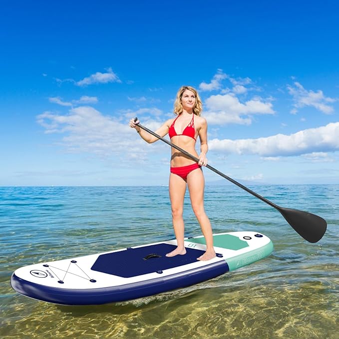 Inflatable Stand Up Paddle Board with SUP Accessories & Backpack. Paddle Boards for Adults. Non-Slip Deck, Wide Stance, Bottom Fin, Double Action Pump.