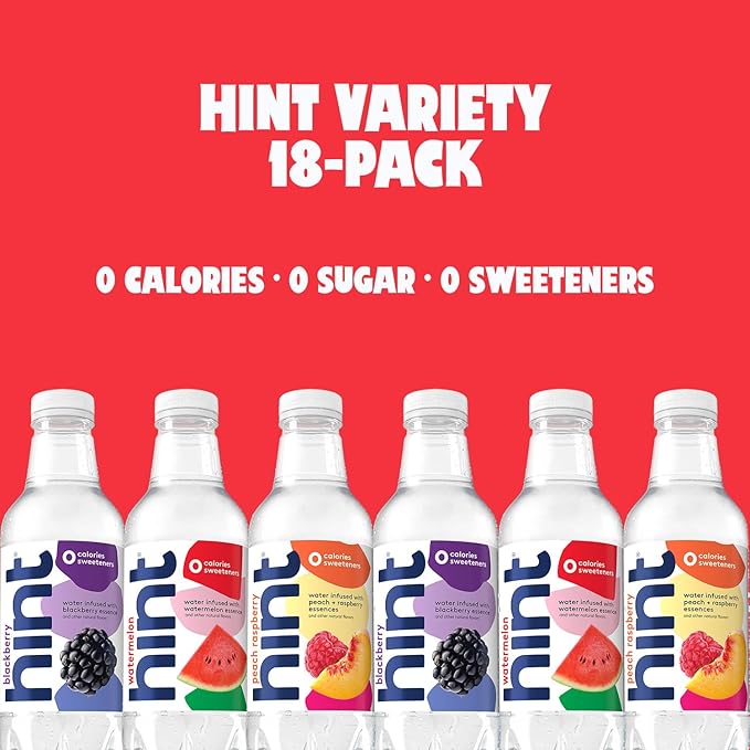 Hint Flavored Bottled Water, 3-Flavor Mega Variety Pack - Purified Water Beverages with Zero Calories, Natural Flavors, and Sugar Free - 16 Fl Oz (Pack of 18)