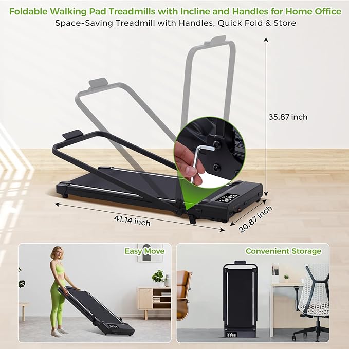 Walking Pad with Incline and Handle Bar, 3.0HP Portable Electric Compact Walking Pads Treadmills with Handles for Home Small Spaces, Small Treadmill with Incline, 320 lbs Capacity, 0.6-6.2MPH