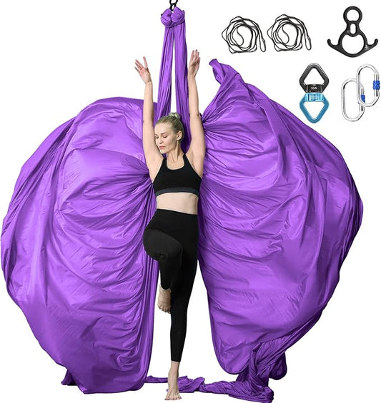 Aerial Silks Yoga Swing Set - 9/11 Yards Aerial Yoga Hammock Kit Anti-Gravity Flying for Fitness, Low/Non Stretch Nylon Tricot Fabric Hardware Included for Dance
