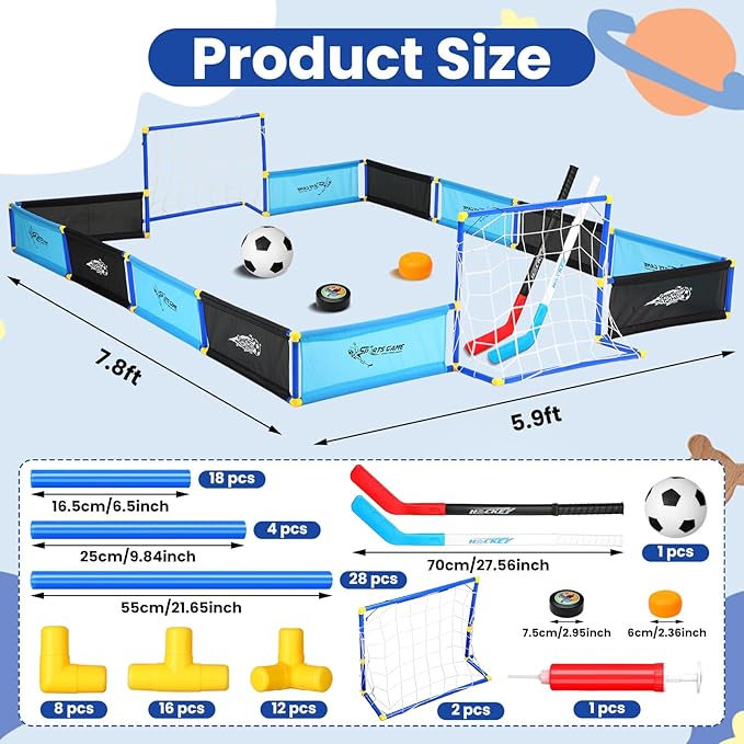 2-in-1 Knee Ice Hockey Set Rink Soccer Ball Indoor Mini Goals Set Include 2 Knee Hockey Sticks, 2 Goals, 12 Side Panels and an Inflatable Soccer Ball