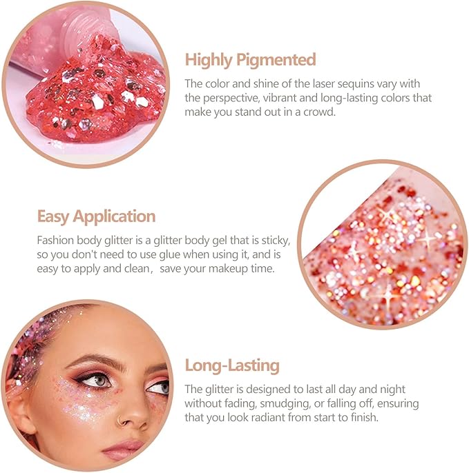 6PCS Pink Face Body Glitter Gel，Mermaid Holographic Sequins Chunky Glitter Paint for Party Singer Concerts Music Festival Rave Accessories for Girls Women Face Body Hair Sparkling Makeup