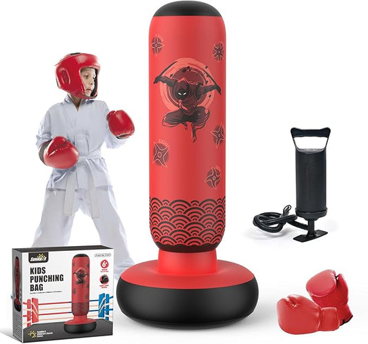 Inflatable Punching Bag for Kids, Tall Larger 66 Inch Stable Boxing Bag for Teens, Ninja Shuriken Toy Gifts for Boys Girls, Boxing Set with Gloves and Pump for Practicing Karate Taekwondo