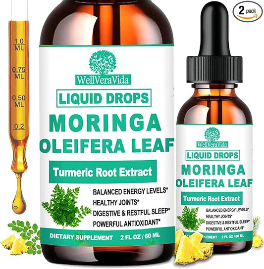 2 Pack Organic Moringa Liquid Drops, Pure Moringa Oleifera Leaf Extract w. Turmeric, Black Pepper, Moringa for Activates AMPK & GLP-1, Antioxidant Skin Gut, Potency Than Moringa Capsules Powder