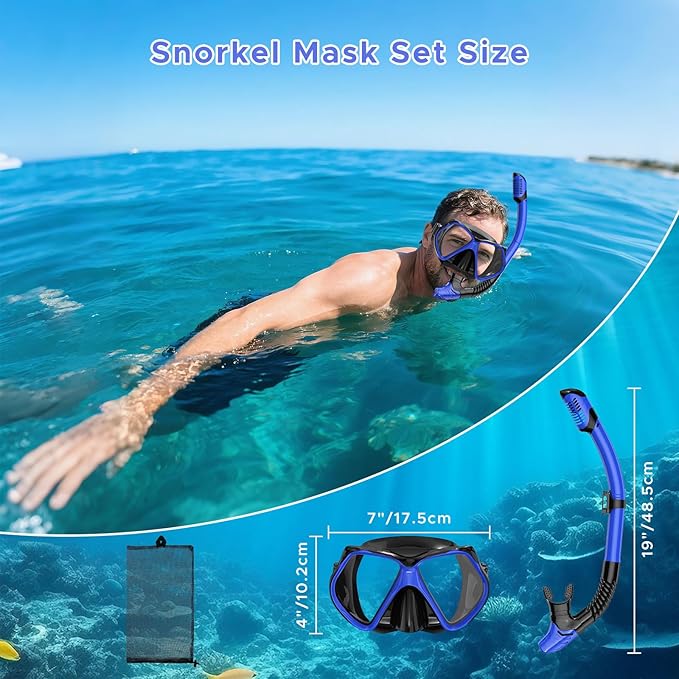 2 Pack Snorkeling Gear for Adults, Dry Snorkel, Mask Set Adult, Diving Scuba Mask, Scuba Gear, Swimming Goggles with Nose Cover, Swim Freediving Tempered Glass Panoramic View Travel Packages