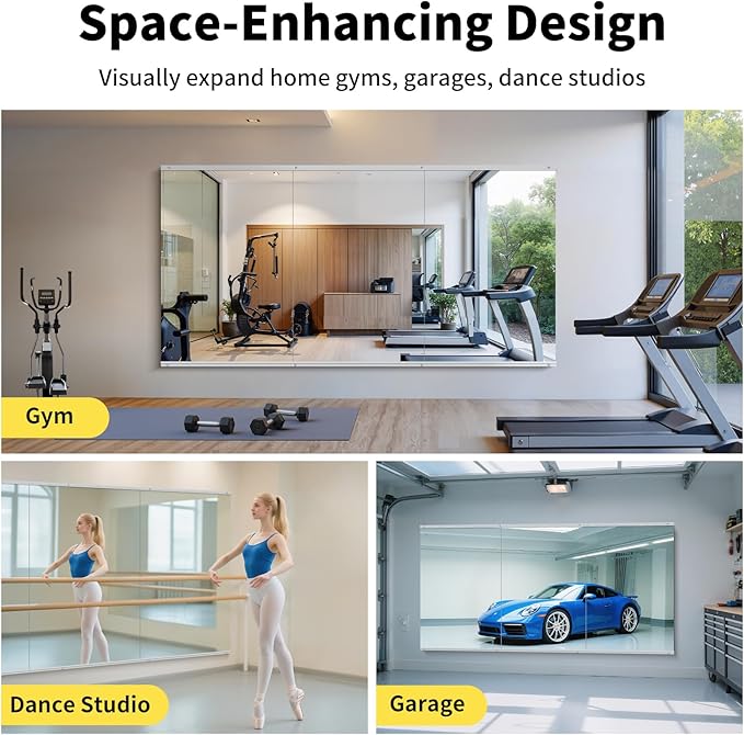 Home Gym Mirror - 60x40 Inch, 3PCS Frameless Tempered Glass Full Body Mirror for Wall Mount - Ideal for Yoga, Workout, Bedroom, Dance Studio (Silver)