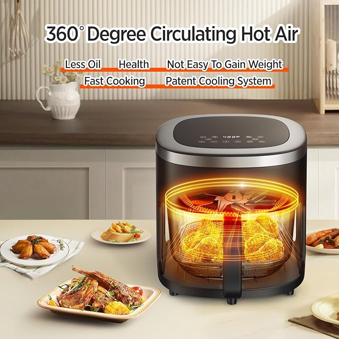 4.5QT Air Fry,Glass Air Fryer,6-IN-1 Air Fryer with Viewing Glass Pot,Roast, Reheat, Dehydrate, Air Crisp Technology,Nonstick & Dishwasher Safe Basket,97% Less Oil,Features Digital Timer
