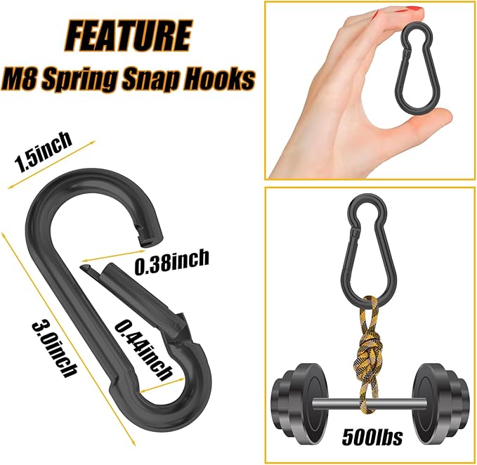 30PCS 3" Black Heavy Duty Spring Snap Hook, M8 5/16" Galvanized Steel Snap Hook Carabiner Quick Link Carabiner Clip, 500LBS Holding Capacity Quick Link Keychain for Swing Hammock Gym Outdoor