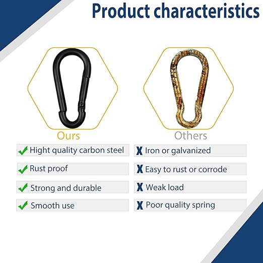 60Pcs 3" Heavy Duty Spring Snap Hook Carabiners, M8 5/16" Galvanized Steel Black Carabiner Clip, Quick Link Keychain for Hammock Swing Set Outdoor Travel Camping Fishing Hiking