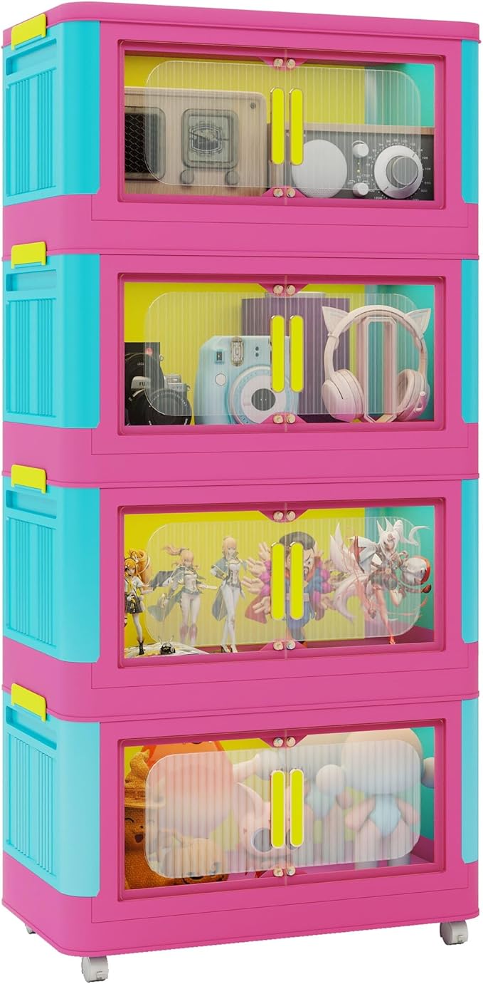 Holaki 156 QT Storage Bins with Lid, 4 Tiers Collapsible Closet Organizers, Stackable Plastic Storage Bins Cabinet Box with Wheels and Magnetic Door for Princess Room, Girl(Colorful)