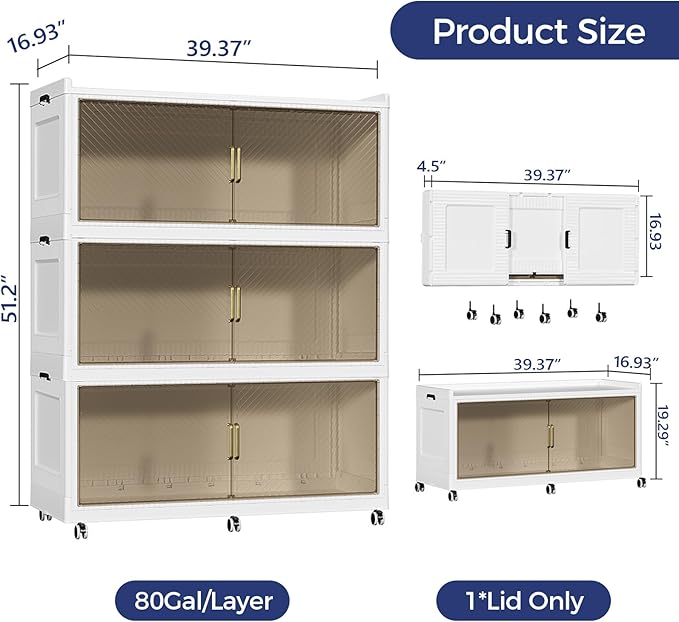 240GAL Extra Large Stackable Storage Bins with Lid, 960QT Plastic Closet Organizer and Storage Cabinet with Wheels and Doors, Folding Storage Box Container for Home Organization, 3Pack White