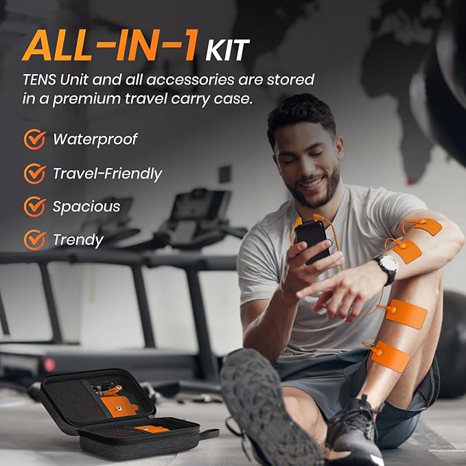 3-in-1 TENS Unit with 32 Modes, Dual Channel EMS Muscle Stimulator with 40 Intensities for Gradual Pain Relief Therapy, Rechargeable Electronic Pulse Massager with 12 Electrode Pads, EVA Case