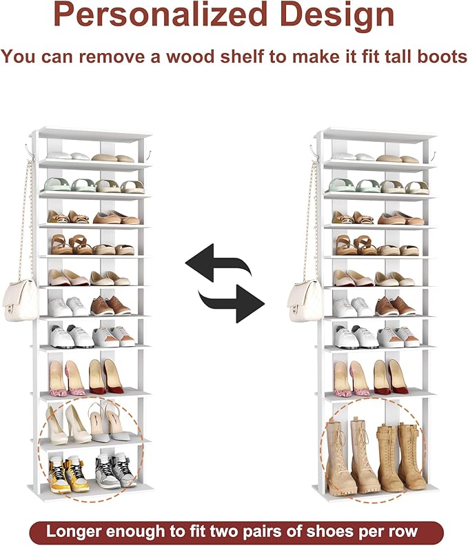 HOMEFORT 10-Tier Corner Shoe Tower - Double Rows, Slim Shoe Stand for 20 Pairs - Entryway, Hallway, Closet (White)