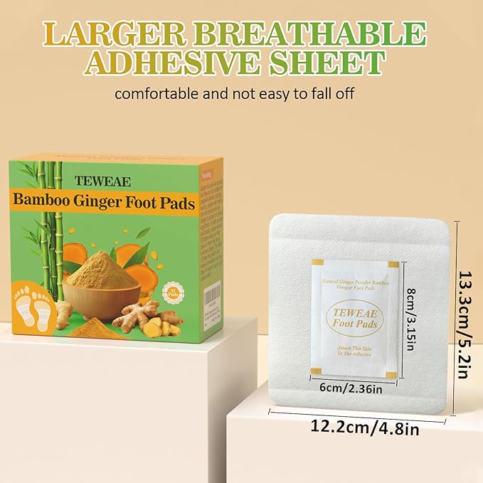 32 Pads Foot Pads -with Pure Natural Turmeric & Ginger, Wormwood, Bamboo Vinegar, Bigger Adhesive Pad Ginger Foot Pads