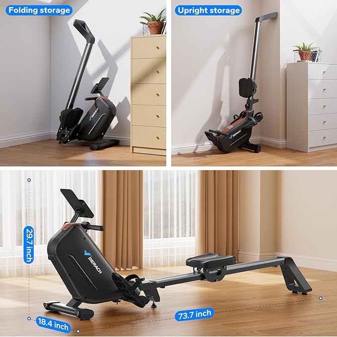 MERACH Rowing Machines for Home, Powerful Electromagnetic Row Machine with 51.2" Extended Rail, 16-Level Handle Resistance Adjustment Rower, 350 LBS Load Capacity, Ergonomic Comfort Seat, Easy Storage