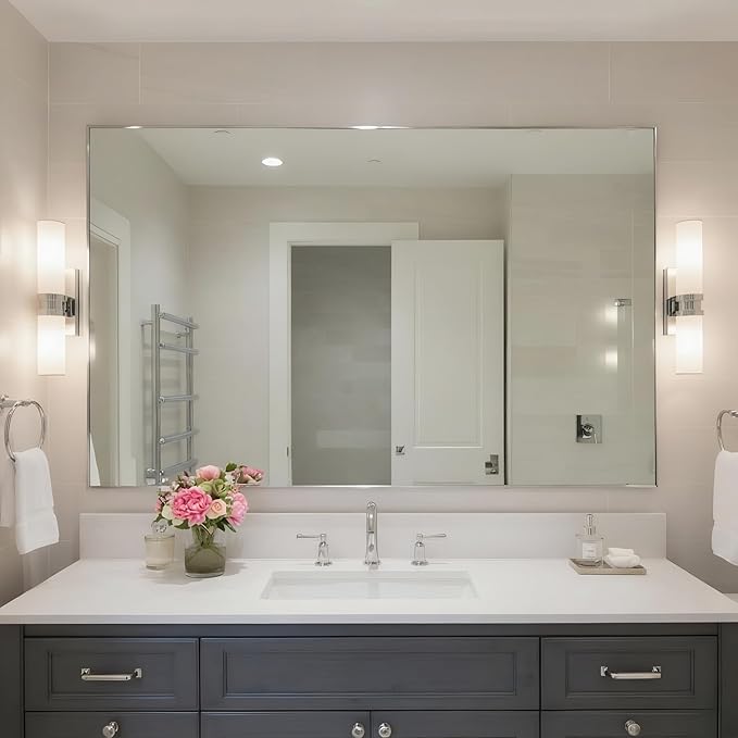 24x40 Inch Nickel Bathroom Mirror for Wall, Aluminum Frame Rectangle Rectangular Vanity Mirror, Modern Large for Bedroom, Living Room, Horizontal or Vertical