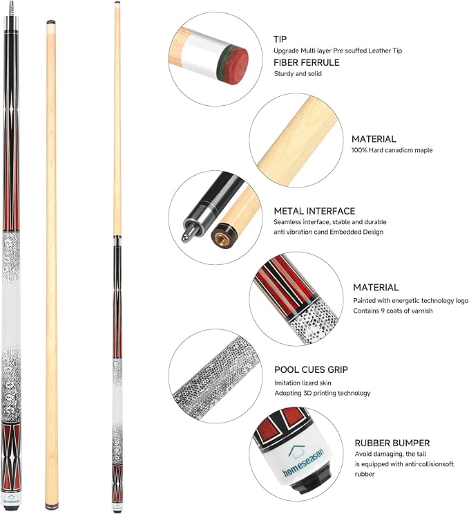 HomeSeason Pool Cue Stick 58" Billiard Cue Sticks 3D Printed Grip Professional Low Deflection Pool Sticks Maple Wood Pool Sticks 13mm Tip