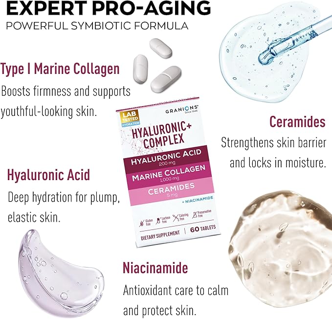 Hyaluronic Acid Supplements 200mg - Marine Collagen Peptides, Vitamin B3 Niacinamide, Ceramides Supplement - Deep Hydration & Anti-Aging Skin Care Complex for Women and Men - 60 Foil Sealed Tablets