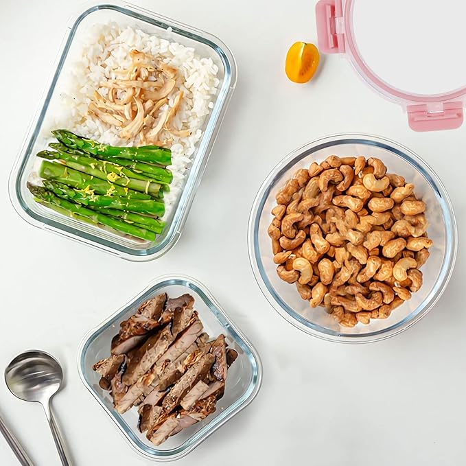 30 Pieces Glass Food Storage Containers Set, Meal Prep Containers Set with Snap Locking Lids, Airtight Glass lunch Containers, Microwave, Oven, Freezer & Dishwasher,Pink