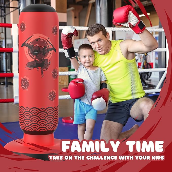 Inflatable Punching Bag for Kids, Tall Larger 66 Inch Stable Boxing Bag for Teens, Ninja Shuriken Toy Gifts for Boys Girls, Boxing Set with Gloves and Pump for Practicing Karate Taekwondo