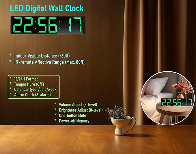 26'' Extra Large Home Gym Timer Clock, Programable Workout Interval Timer, Digital Wall Clock, with 7-Color Night Light, 8 Alarm Clocks, Calendar/Temperature, Countdown & Stopwatch (Green)