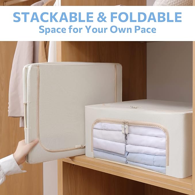 3Pack Frame Storage Box - Clothes Storage Bin Bags Oxford Fabric Foldable Stackable Container Organizer Set with Clear Window & Carry Handles (Beige, Medium-44L)