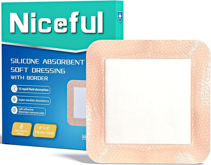 6"x 6" Silicone Super Absorbent Wound Dressing - Gentle Border Large Bandages for Pressure Ulcer, Surgical Wounds, Heavy Exudate Wound Care Pads (8 Pack)