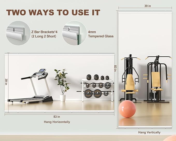 Hasipu Home Gym Mirror 83" L x 39" W - 1PC Large Full Body Mirror for Yoga, Wall-Mounted Mirrors for Fitness, Garage, Dance Studio, 0.16in Tempered Glass Frameless