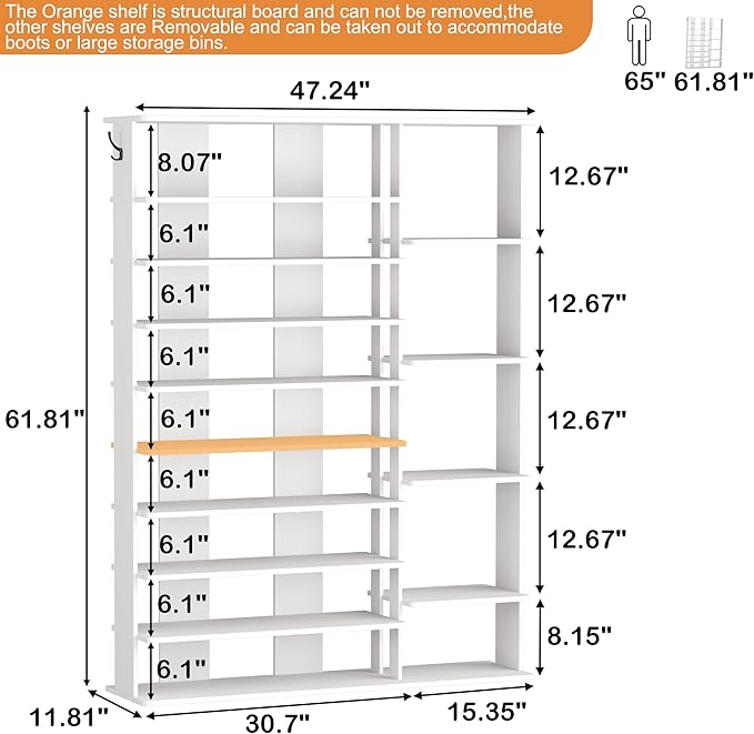 HOMEFORT 10 Tiers Shoe Rack, 50 Pairs Large Shoe Shelf, 61.8" Tall Shoe Tower, Freestanding Shoe Rack Organizer with Open Shelves, Wood Shoe Stand for Boot Storage, for Closet, Entryway, White