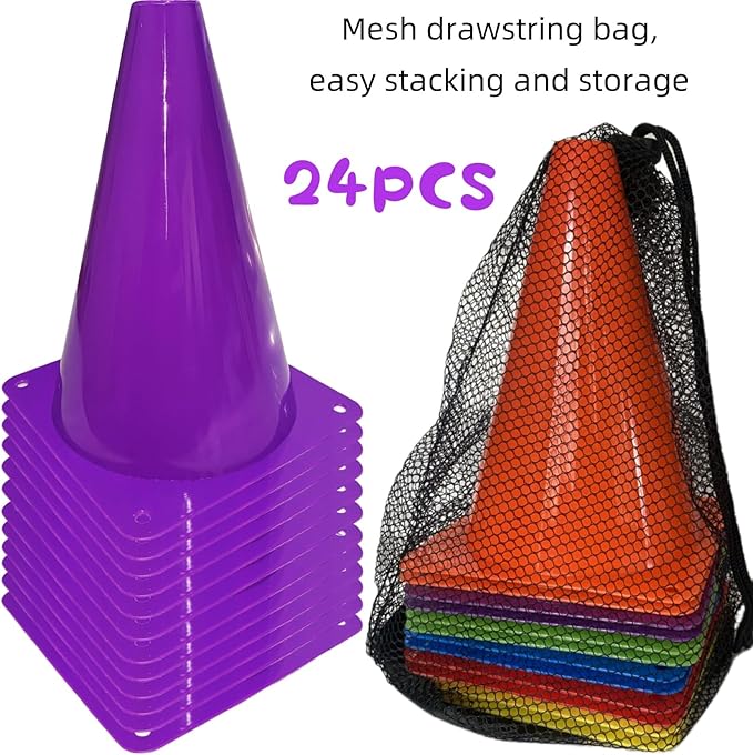 24 Pcs 7 Inch Plastic Traffic Cones, Basketball Football Drills, Skating, Sport Training Agility Markers, Indoor Outdoor Games, Multicolor