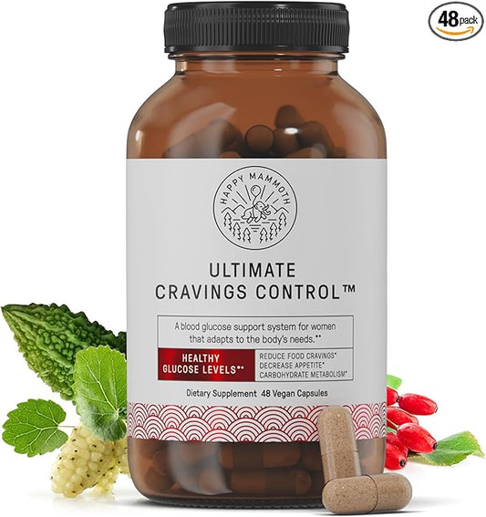 Happy Mammoth Ultimate Cravings Control – Sugar & Carb Cravings Support, Chromium, Natural Appetite Management & Metabolism Supplement for Adults, Non-GMO, No Gluten, Dairy, Soy or Sugar, 48 Capsules