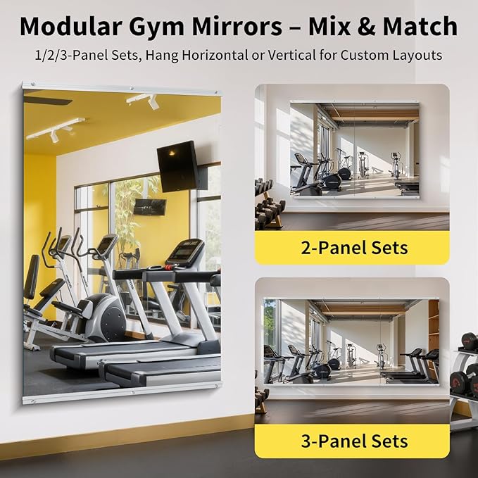 Home Gym Mirror - 60x40 Inch, 3PCS Frameless Tempered Glass Full Body Mirror for Wall Mount - Ideal for Yoga, Workout, Bedroom, Dance Studio (Silver)