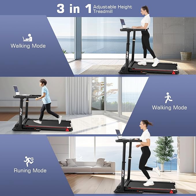 Treadmill with Desk Workstation & Adjustable Height, 300 LBS Weight Capacity, Folding Treadmill with 3 Level Incline, Bluetooth Speaker & App, Portable 2.5HP Walking Pad with Desktop for Home Office