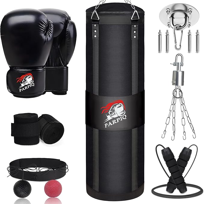 Hanging Punching Bag for Adults, 4ft New Upgrade Canvas Heavy Boxing Bag Set, Punching Bag with 12oz Boxing Gloves for MMA Kickboxing Muay Thai Training Home(Unfilled)