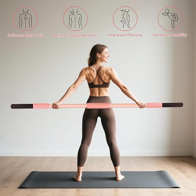 Pink Yoga Stick 58 Inch - Alloy Steel Stretching, Mobility & Exercise Stick with Neck & Hand Pads, Shoulder Flexibility Tool for Yoga, Pilates & Home Gym Workouts