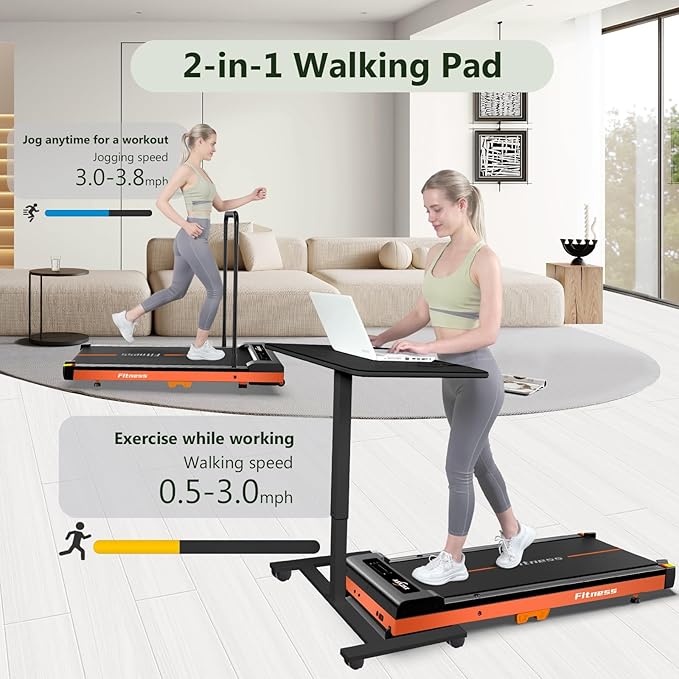 Walking Pad, Under Desk Treadmill for Home, Portable Treadmill 300 lbs Capacity (Orange-Handrail New)