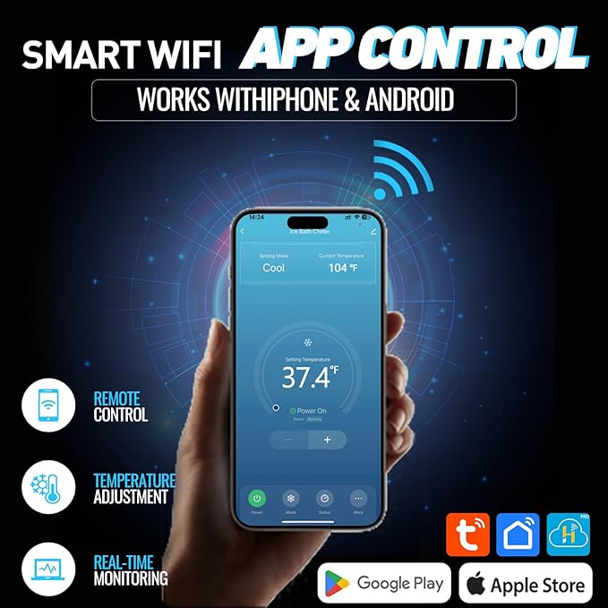 Inflatable Cold Plunge Tub with Step, 1 HP Water Chiller for Ice Bath Tub, Hot & Cold Mode Machine with Ozone, Smart WiFi, Dual Filters, Fast Cooling, 115 Gallon, 39" L x 39" W x 35.4" H