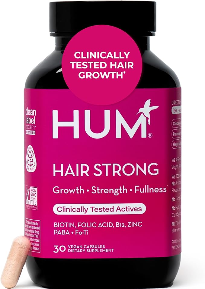 HUM Hair Strong - Hair Growth Vitamins with Biotin, Zinc, and Fo-Ti for Healthy Hair, Skin & Nails - Vegan Hair Supplement for Women | Biotin Supplement, (30 Capsules)