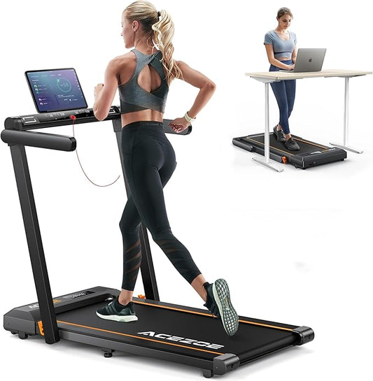 2 in 1 Folding Treadmills for Home Small Office, 2.5HP Walking Pad Treadmill with Handle Bar, 300lbs Capacity, Copmact Protable Treadmill with Smart APPs, 12 HIIT Modes and Touch Screen