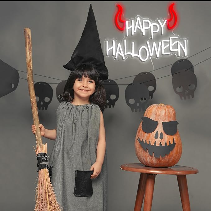 Happy Halloween Neon Sign - Dimmable LED Red Little Corner Light for Wall Decor - USB Powered for Halloween Decoration, Home Spooky Party, Bedroom Decor