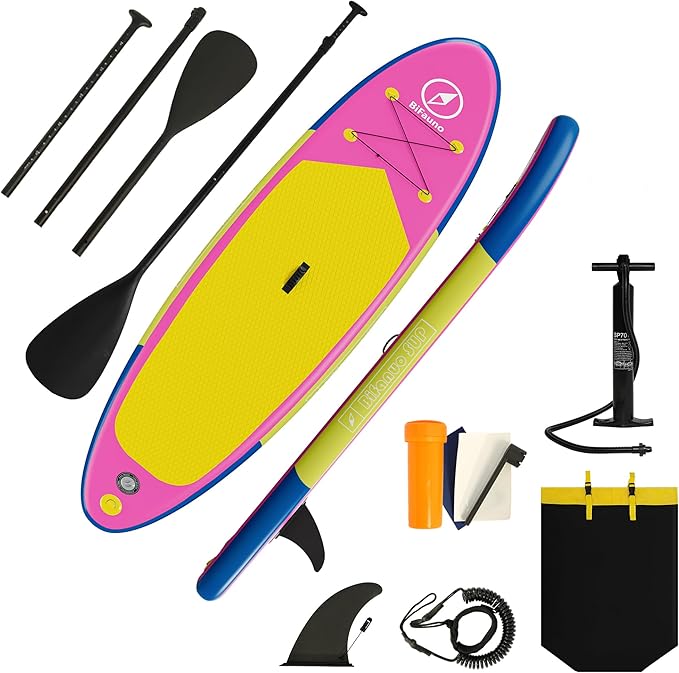 Inflatable Stand Up Paddle Board with SUP Accessories & Backpack. Paddle Boards for Adults. Non-Slip Deck, Wide Stance, Bottom Fin, Double Action Pump.