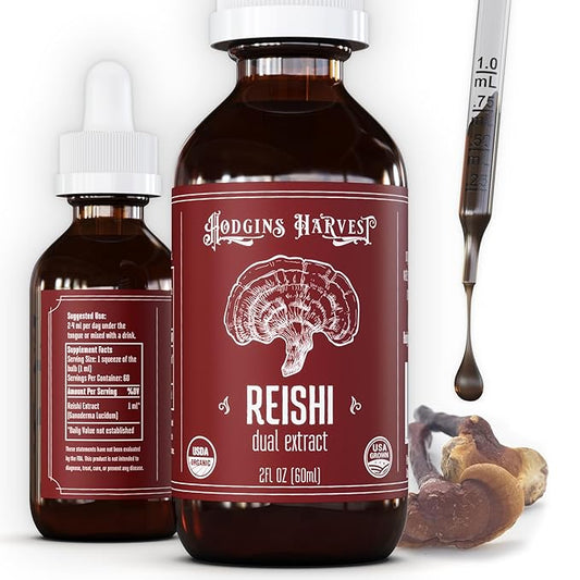 Hodgins Harvest Organic Reishi Tincture | Made with Mushrooms Grown On Our Farm in The USA | Dual Extract | Extra-Concentrated (2 fl oz)