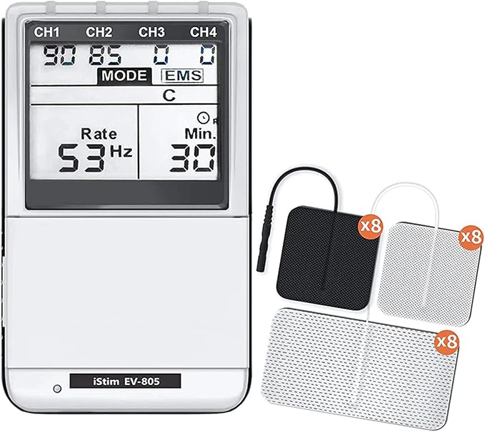 iSTIM EV-805 TENS EMS 4 Channel Rechargeable Combo Machine Unit - Muscle Stimulator + Back Pain Relief and Management- 24 Programs/Backlit (Including Electrodes Pads)