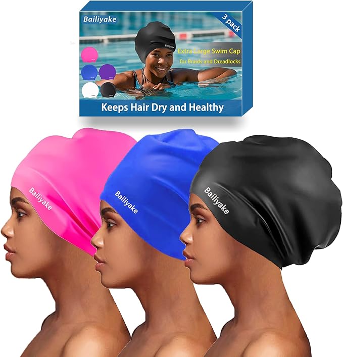 3 Pack Extra Large Swim Cap for Braids & Dreadlocks - Waterproof Silicone Swim Hat for Women with Long Thick Hair, Protective Swim Cap Cover Ears for Swimming, Shower, Bathing